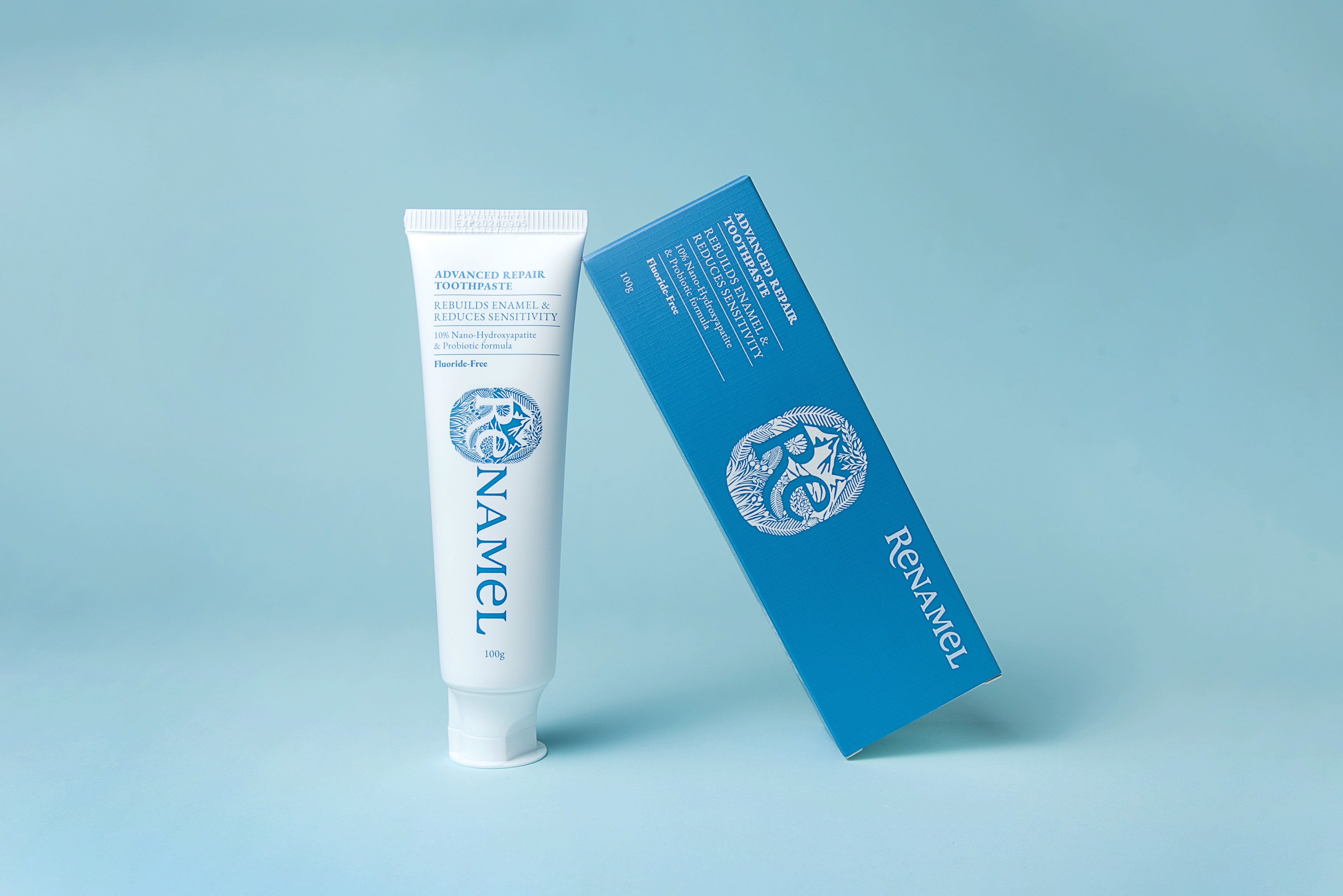 Renamel toothpaste—blue angled shot